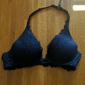 34B navy blue halter bra with lace trim